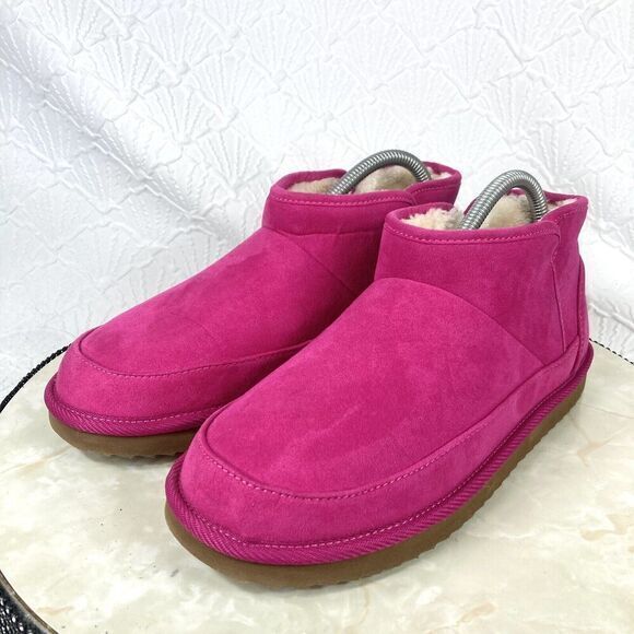 Old Navy Shearling Lined Winter Boots 6.5 Hot Pink Suede Pull On Fur Snow Bootie - Picture 5 of 11